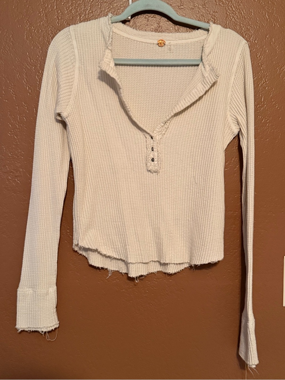 Free People Cream Waffle Henley Long Sleeve Top